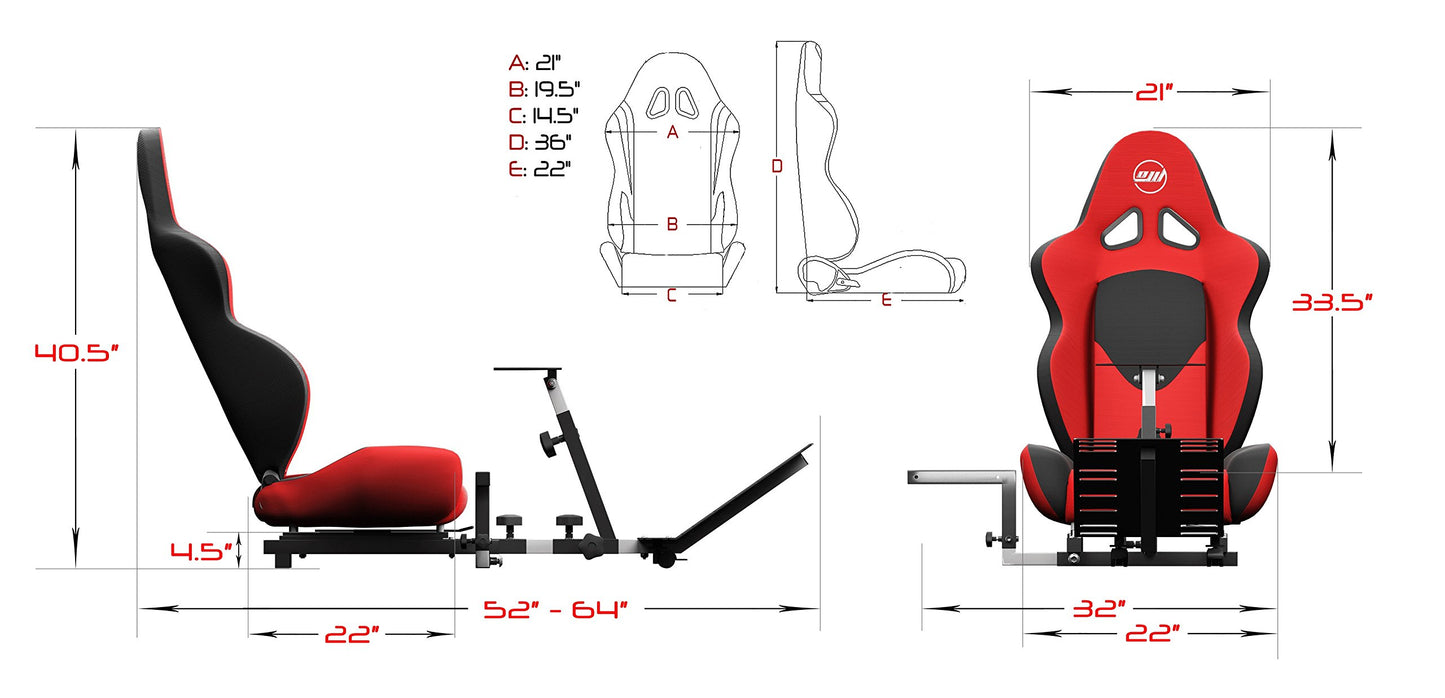 OpenWheeler Racing Simulator Seat - Gaming Chair with Gear Shift Mount, Red, 37D x 16W x 16H in, Model 102172012