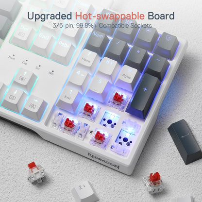 Redragon K668 RGB Mechanical Gaming Keyboard, 104 Keys + 4 Hotkeys, White, Hot-Swappable, Red Switch, Sound Absorbing Foams