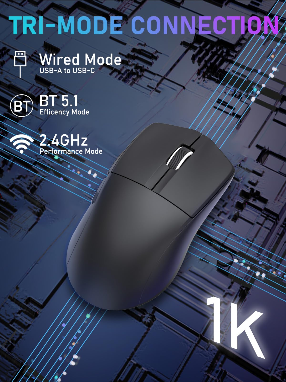 E-YOOSO Wireless Gaming Mouse - Tri-Mode, 4000 DPI, 5 Programmable Buttons, Ultra-Thin Ergonomic Design, Black, Model X-44