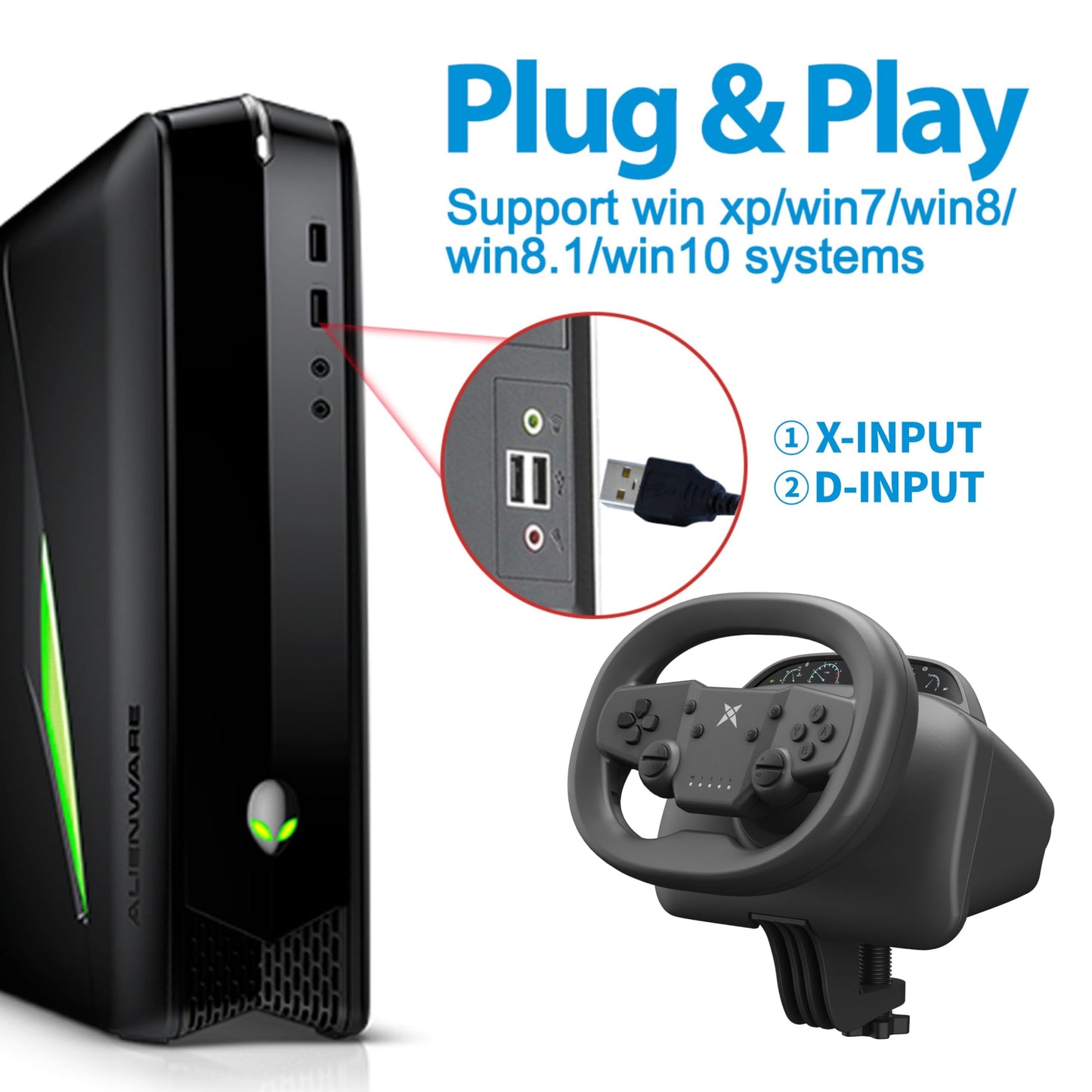 DOYO Gaming Steering Wheel, 270° Wireless Racing Wheel with Dual-Vibration for PS4, PC, Switch - Black, Model KT820D-Pedal