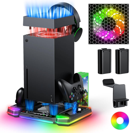 Top Auto Cooling Fan & Charge Stand for Xbox Series X Console with 11 Light Modes  Accessories Controller Wireless Charger Dock  2 * 1400mAh Rechargeable Batteries  Headset Stand & Game Disc Storage