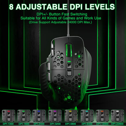 CORBOBO SM809 Wired MMO Gaming Mouse - 24000 DPI, 9 Side Buttons, Ergonomic Design, Large Size, Black