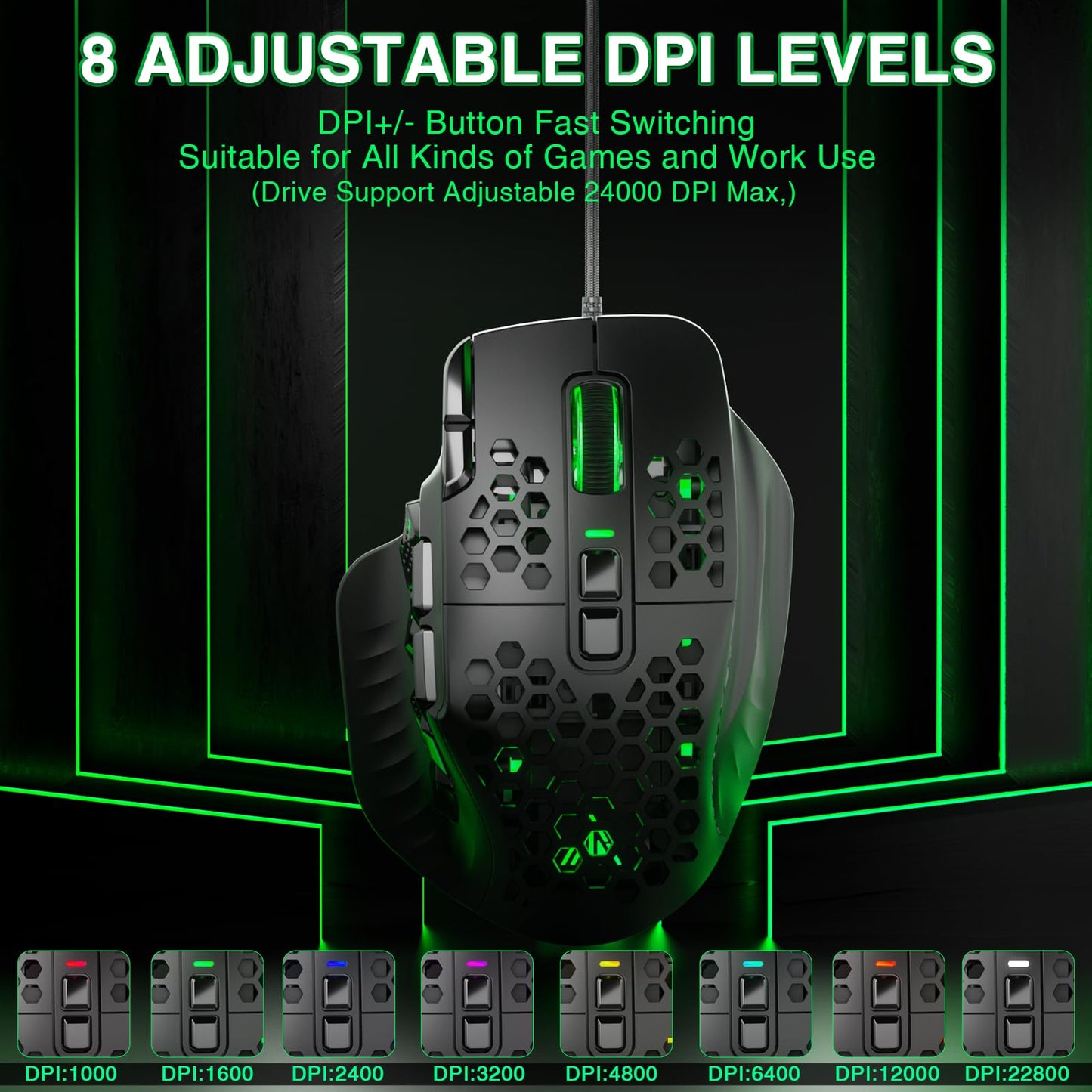 CORBOBO SM809 Wired RGB Gaming Mouse - 22800 DPI, 9 Side Buttons, Ergonomic Design, Large Size, Black