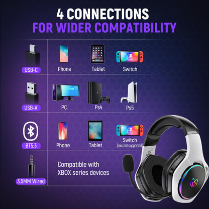 Tatybo Wireless Gaming Headset WT01-W, Bluetooth 5.3, 40Hr+ Battery, Adjustable ENC Mic, Black and White, Compatible with PS5, PS4, PC,