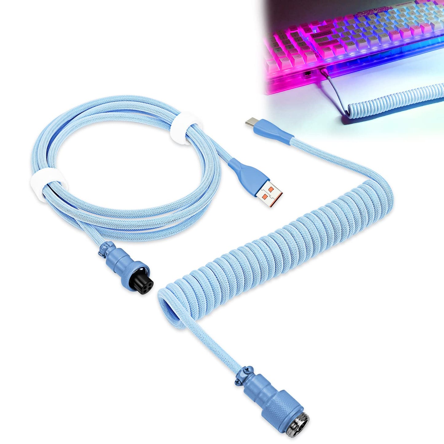UCINNOVATE Coiled Keyboard Cable  Pro Custom Coiled USB C Cable for Gaming Keyboard  Double-Sleeved Mechanical Keyboard Cable with Detachable Metal Aviator  1.8M USB-C to USB-A (Blue)