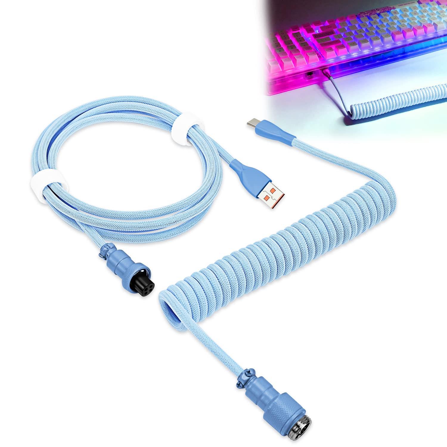 UCINNOVATE Coiled Keyboard Cable  Pro Custom Coiled USB C Cable for Gaming Keyboard  Double-Sleeved Mechanical Keyboard Cable with Detachable Metal Aviator  1.8M USB-C to USB-A (Blue)