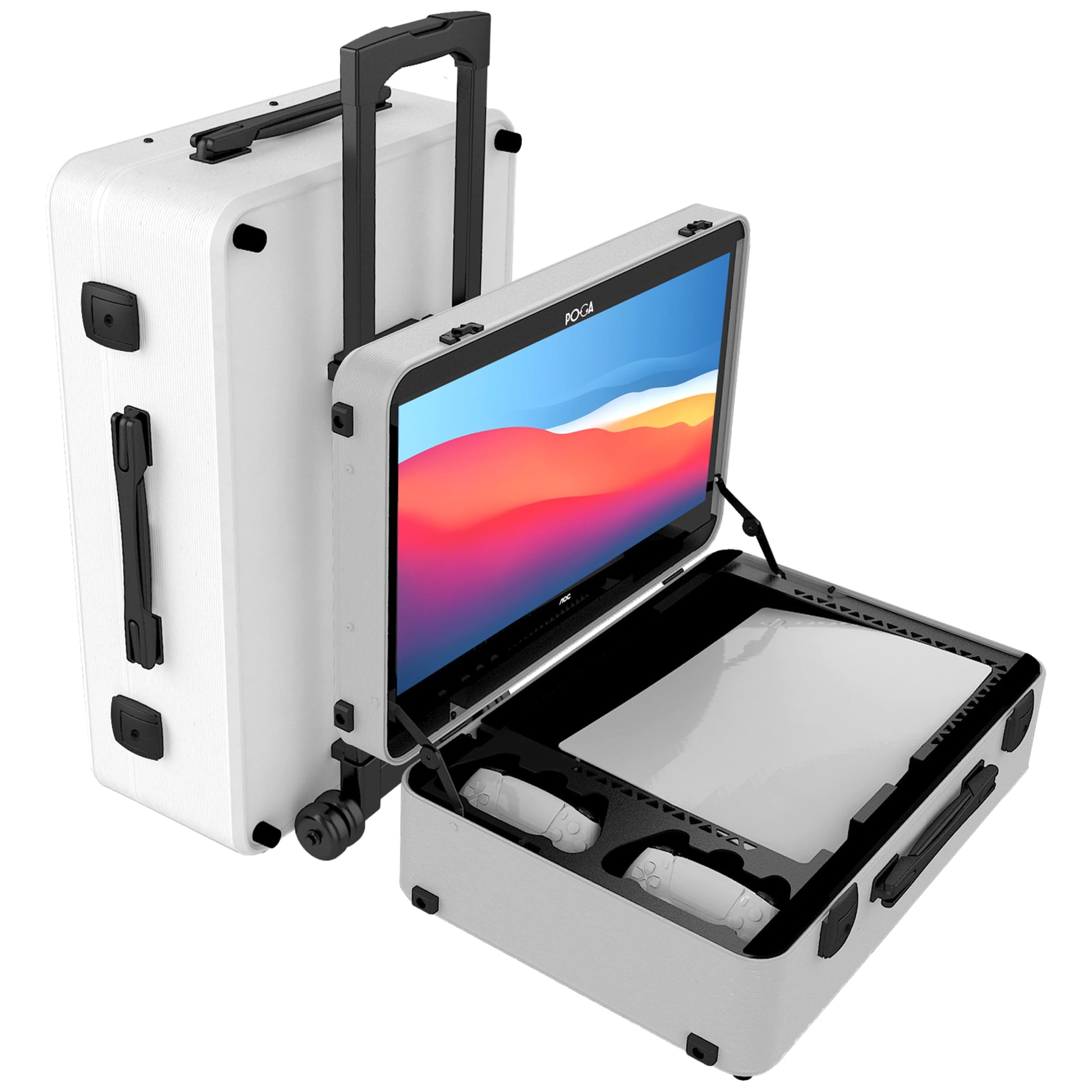 POGA LUX compatible with PlayStation 5 Premium Portable Console Travel Case incl. Trolley and 24 AOC Gaming Monitor - (V3 - Bluetooth Speaker Optional) White