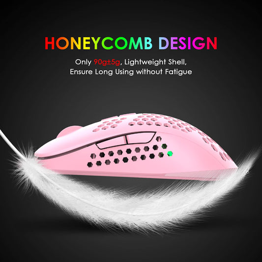 KUIYN Ultralight Wired Gaming Mouse - Honeycomb Shell, 4 RGB Lighting, 4 Adjustable DPI, Pink