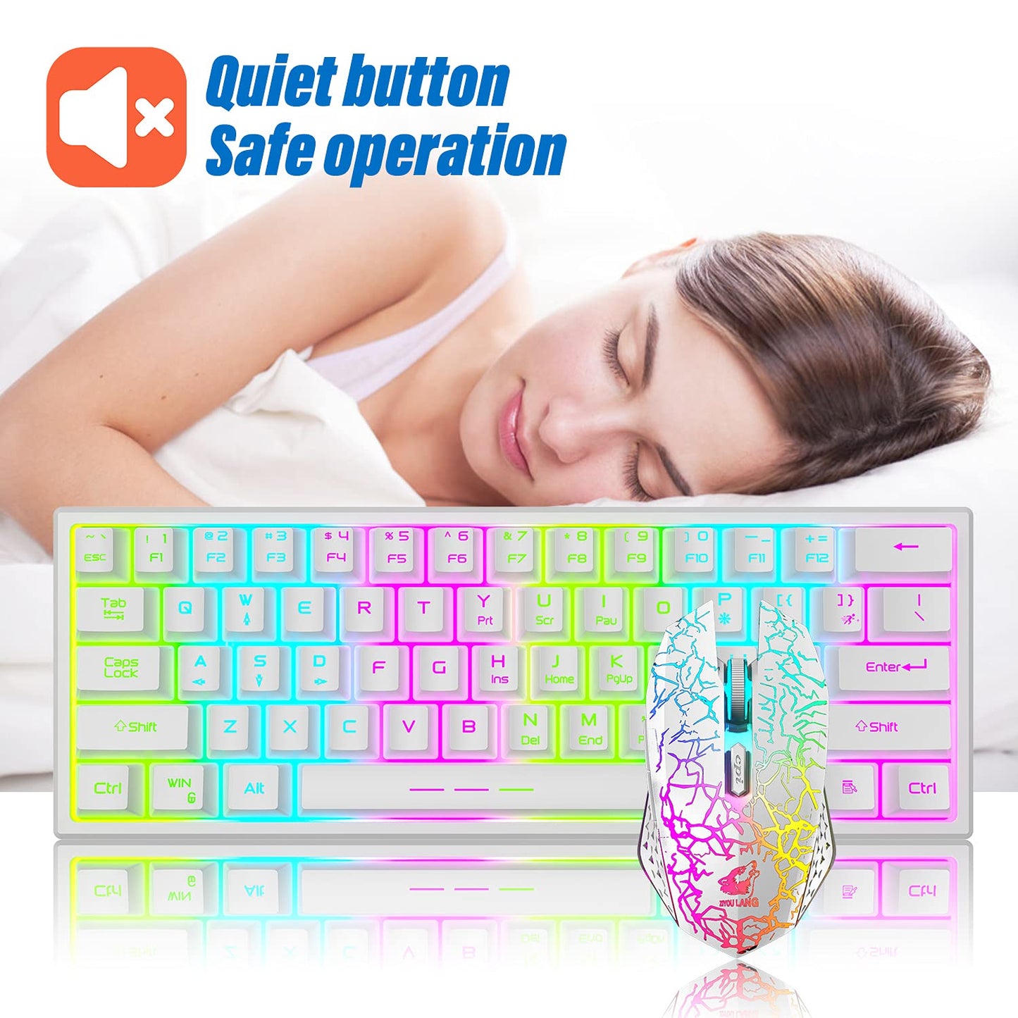 LexonElec Wireless Gaming Keyboard and Mouse Combo, 61 Key RGB Backlit, Ergonomic Design, Rechargeable, White Rainbow, Model T61