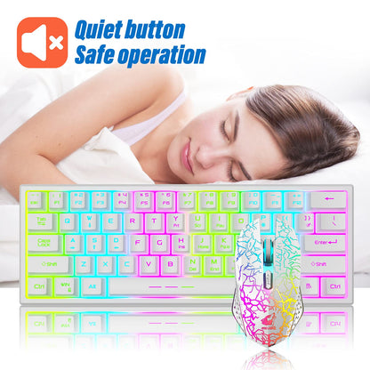 LexonElec Wireless Gaming Keyboard and Mouse Combo, 61 Key RGB Backlit, Ergonomic Design, Rechargeable, White Rainbow, Model T61