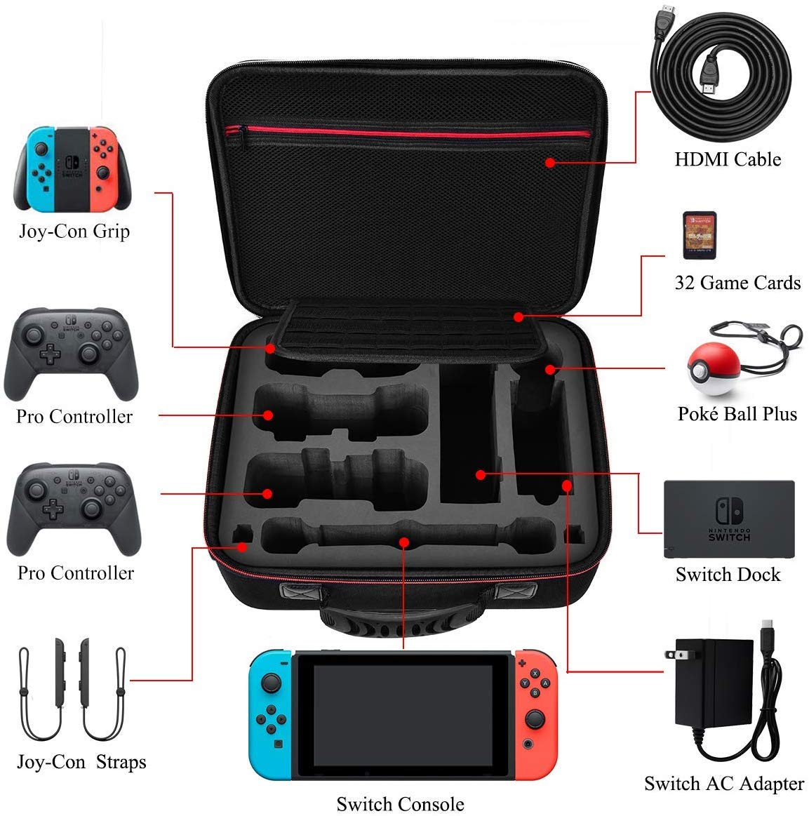 Diocall Deluxe Carrying Case for Nintendo Switch & OLED 2021 - Black Travel Bag for Pro Controller