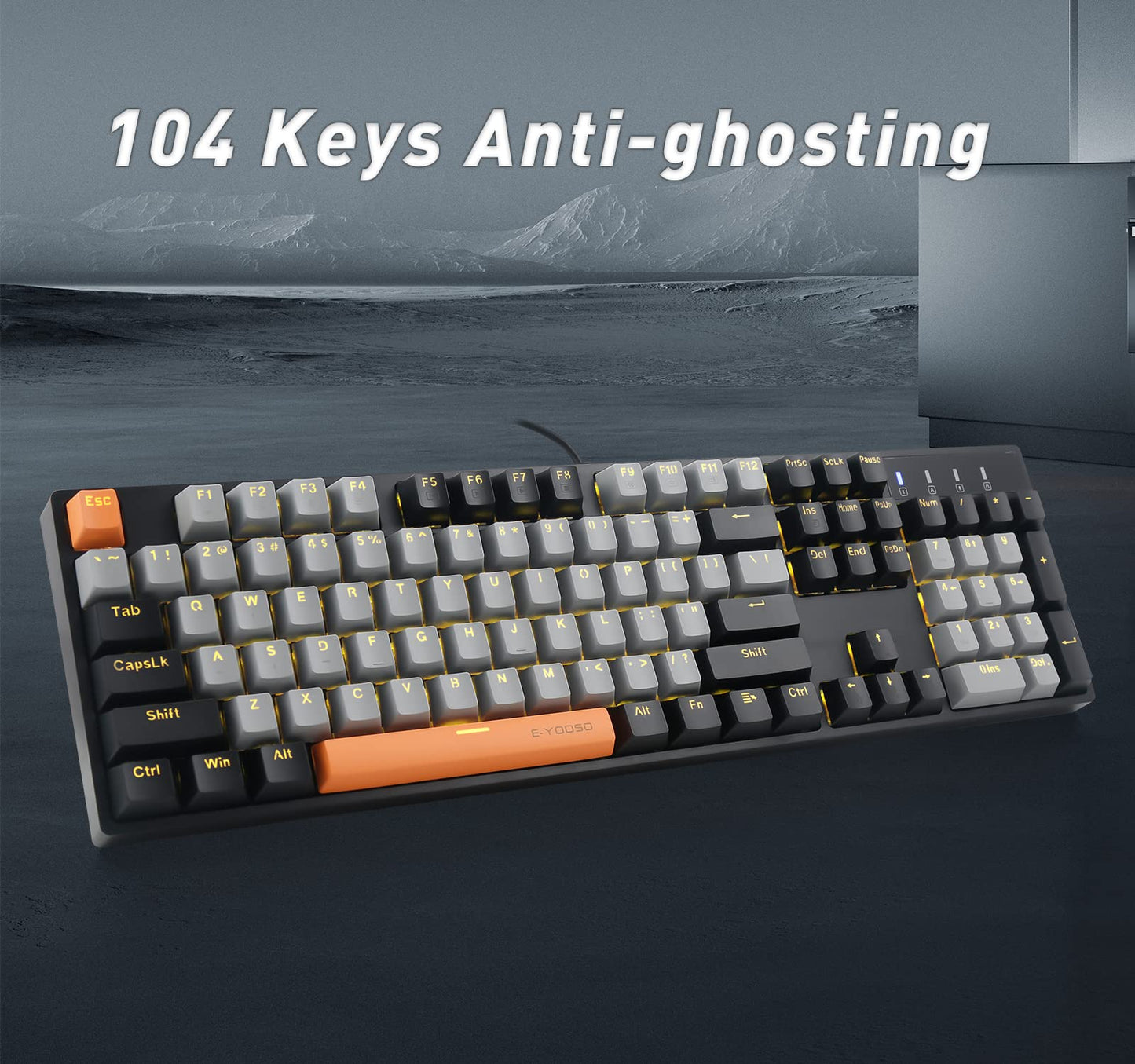 E-YOOSO Z-14 Mechanical Gaming Keyboard, Full-Size 104 Keys, Red Switch, Solid Yellow Backlit, Grey Red Switch, Black