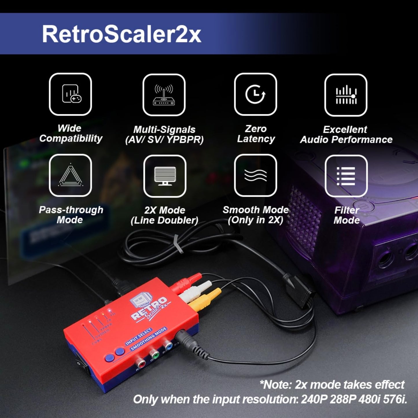 BITFUNX RetroScaler2x AV/SV/YPBPR to HDMI Converter - No Lag, Supports Line Doubler & Pass-Through, Red
