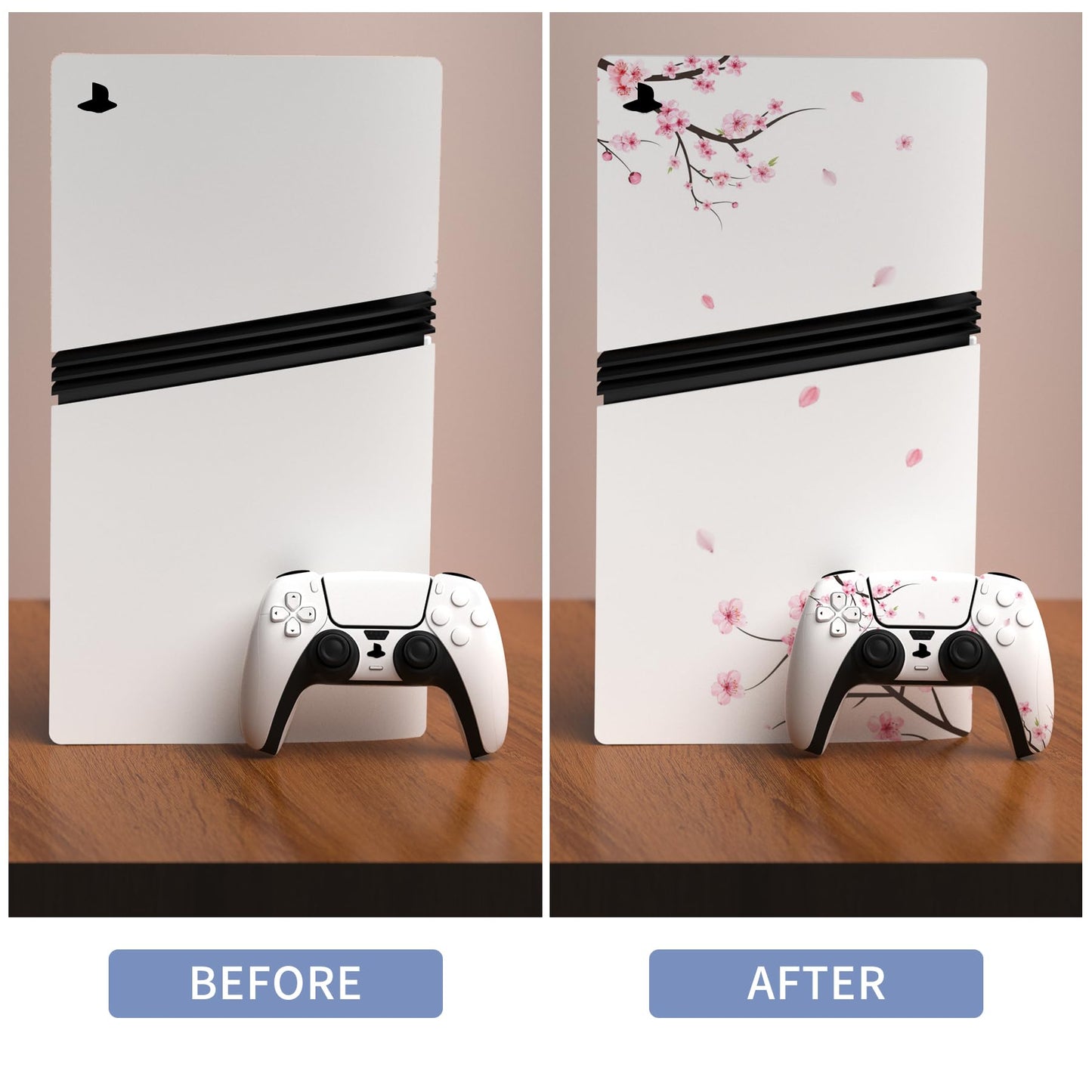 PlayVital PS5 Pro Skin Full Set - Protective Vinyl Decal, Falling Cherry Blossom, for Console, Controller, Headset, Charging Station