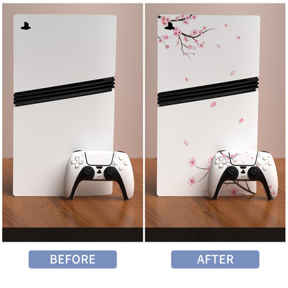 PlayVital PS5 Pro Skin Full Set - Protective Vinyl Decal, Falling Cherry Blossom, for Console, Controller, Headset, Charging Station