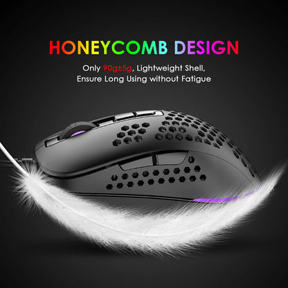 KUIYN 383 Ultralight Wired Gaming Mouse - 4 RGB Backlights, 2400 DPI, Honeycomb Shell, Black