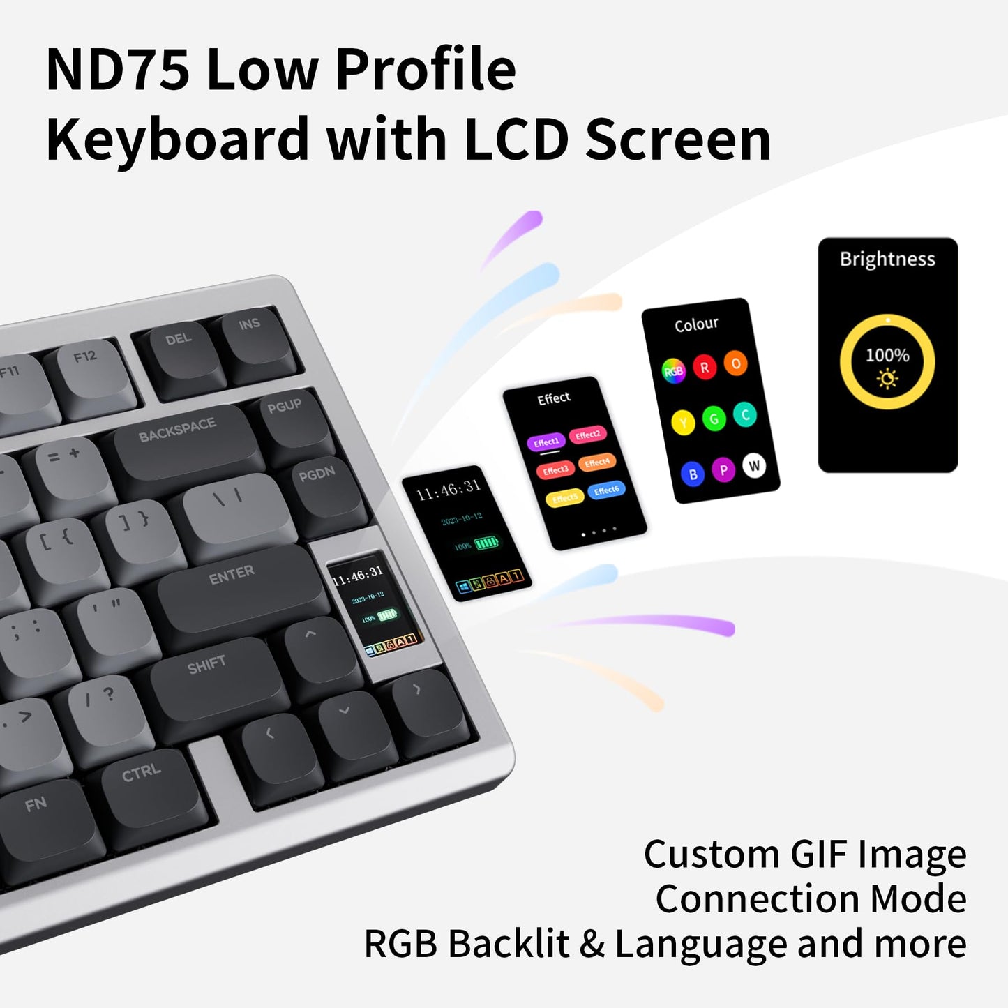 OOCTPK Mechanical Keyboard - Chilkey ND75 LP Wireless RGB, Bluetooth/USB-C, Ultra-Thin Design, Silver, PC/Mac Compatible