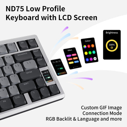 OOCTPK Mechanical Keyboard - Chilkey ND75 LP Wireless RGB, Bluetooth/USB-C, Ultra-Thin Design, Silver, PC/Mac Compatible
