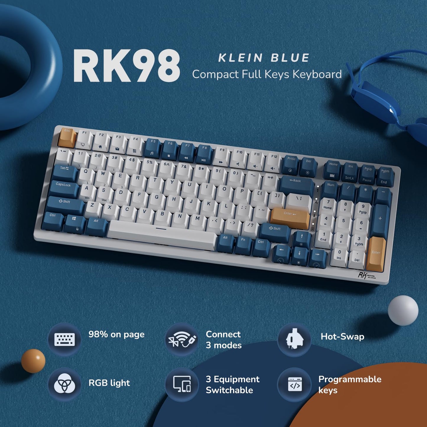 RK ROYAL KLUDGE RK98 Wireless Mechanical Keyboard - Hot Swappable Brown Switches, RGB Backlit, White, 100 Keys, Ergonomic Design