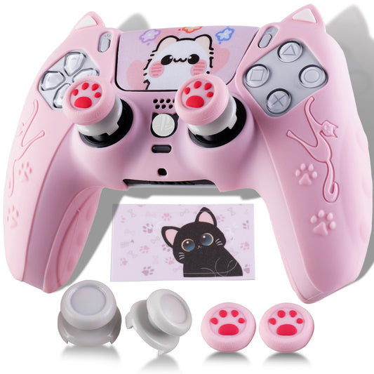 PlayRealm Silicone Skin Cover Sticker x 1 & Extender Grips x 2 for PS5 Controller Cats Pink