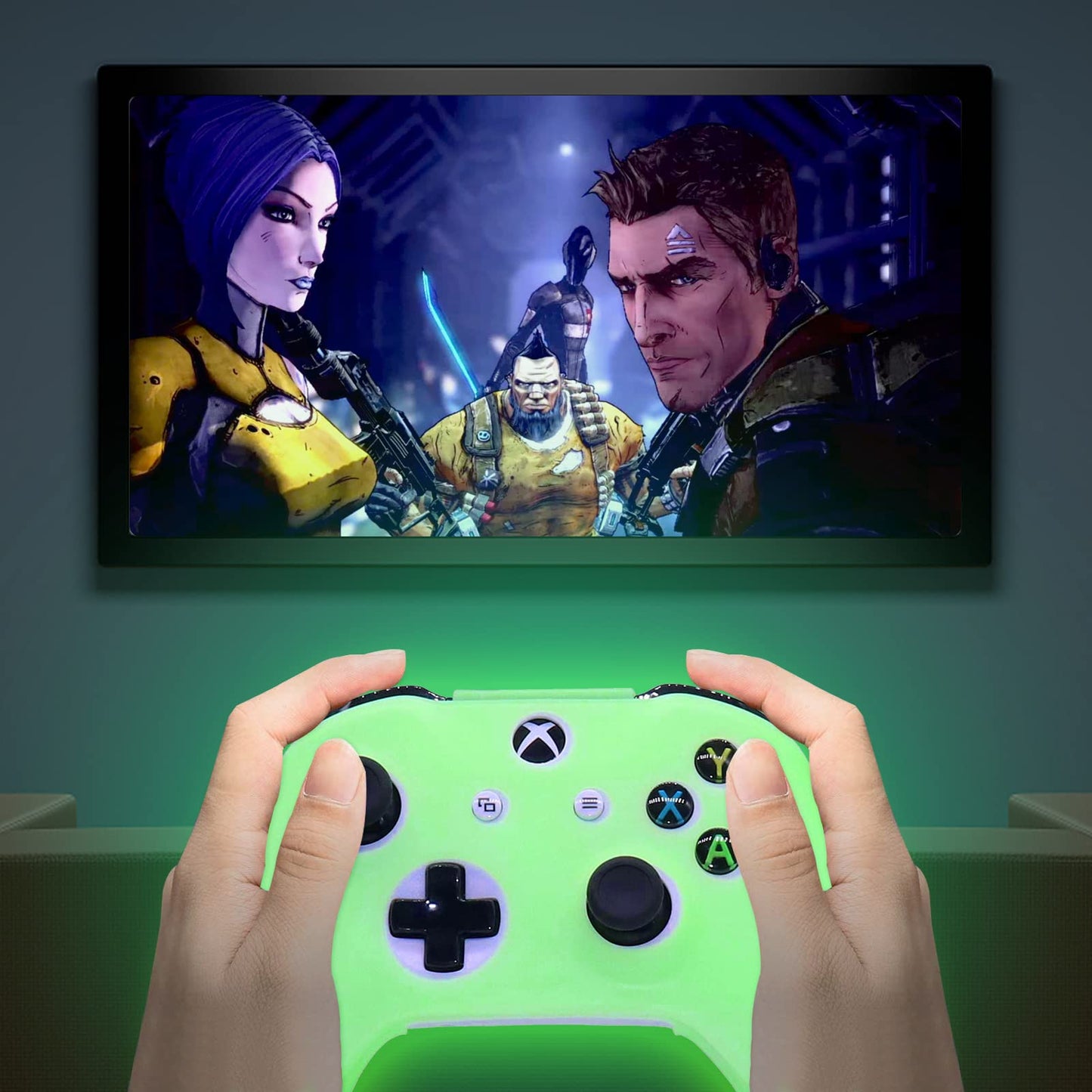 HLRAO Xbox One S Controller Silicone Grip Case, Glow Green, Glow in The Dark + 6 Accessories, Not for Xbox Series Controller