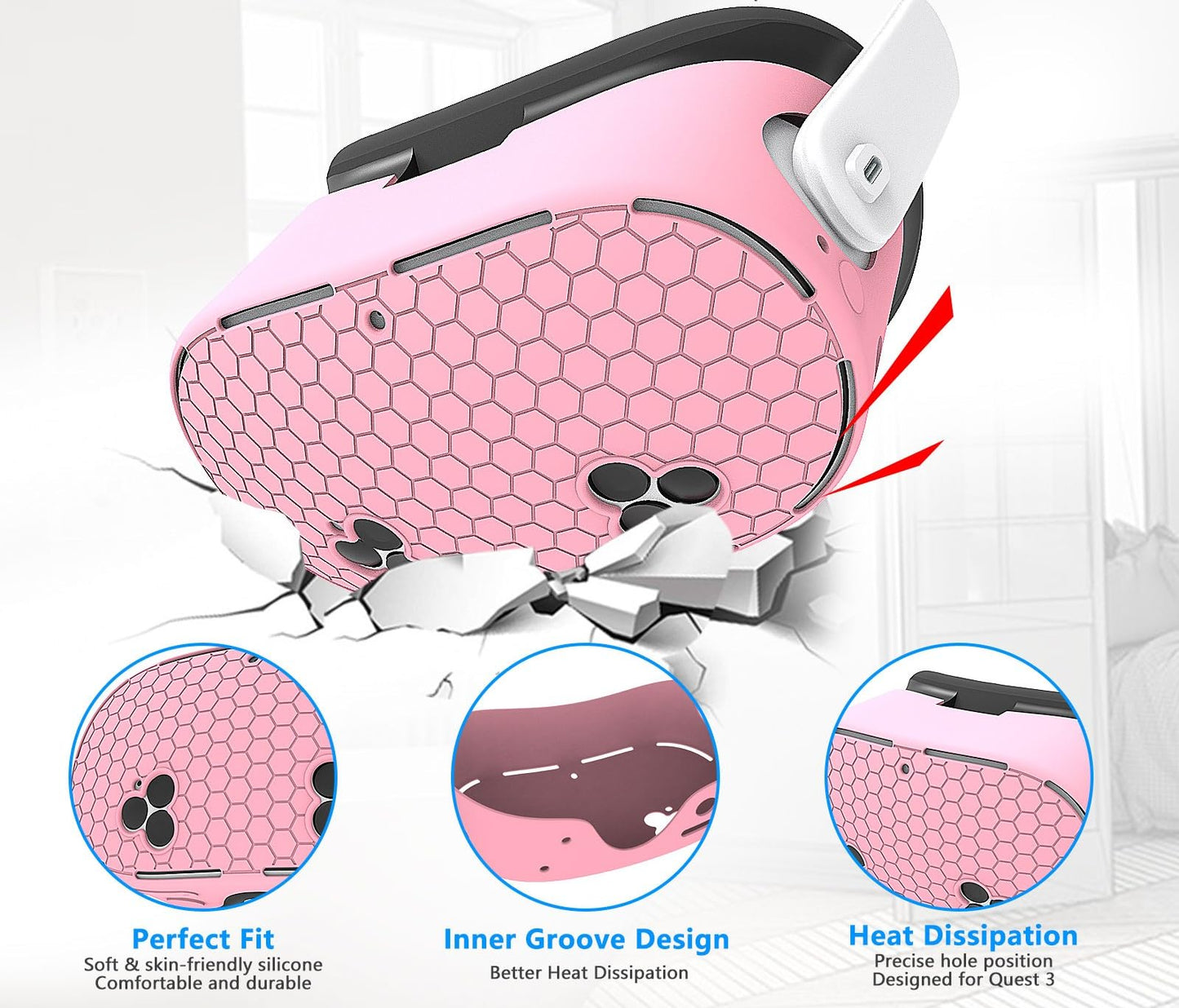 MTomatoVR 7 in 1 Silicone Cover Set for Quest 3S - Honeycomb-Pink, Includes Controller Grips, Face Cover, Lens Protector