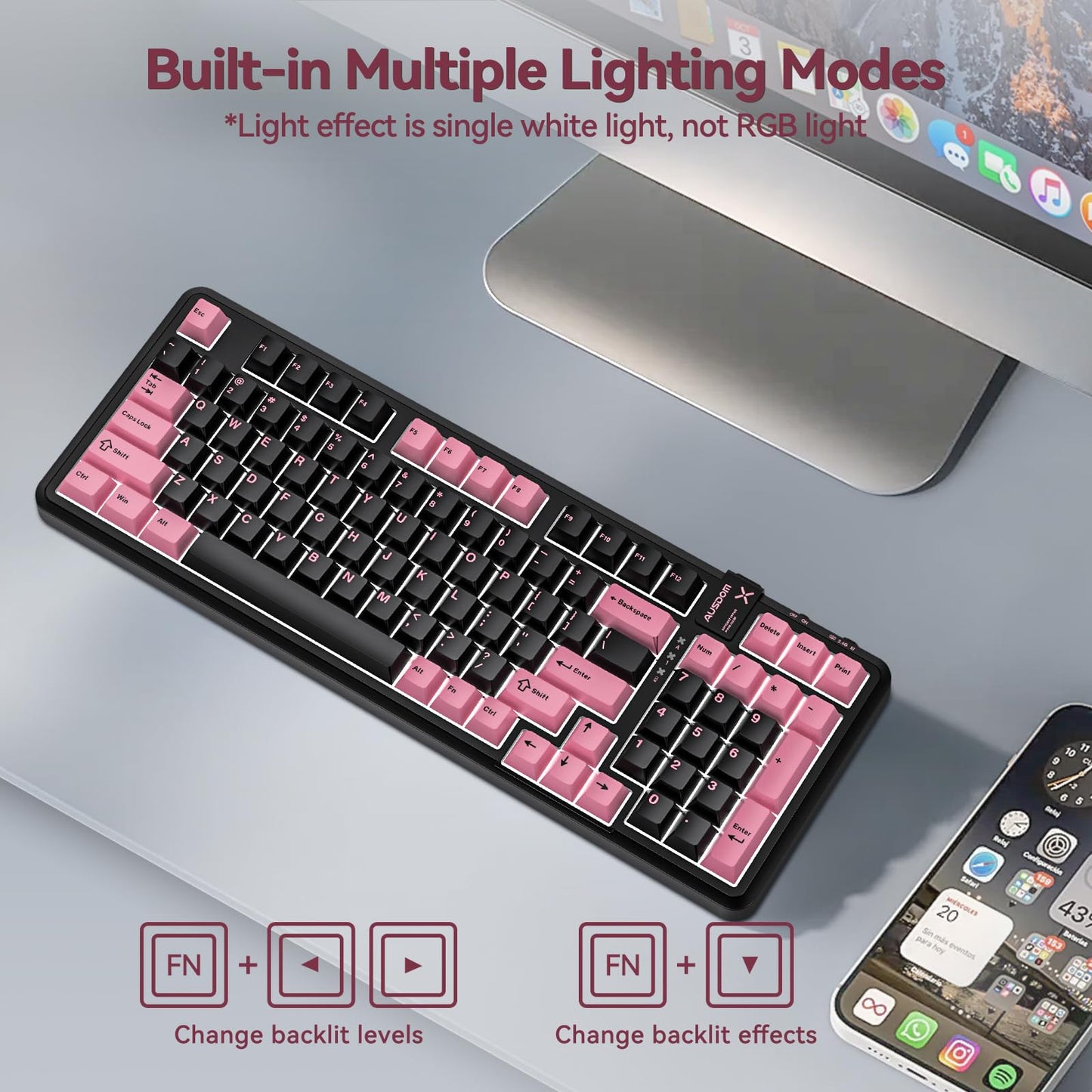 AUSDOM 98Pro Wireless Mechanical Keyboard, Tri-Mode BT/2.4GHz/USB-C, Gasket Structure, Black&Pink, 97 Keys, Linear Switches