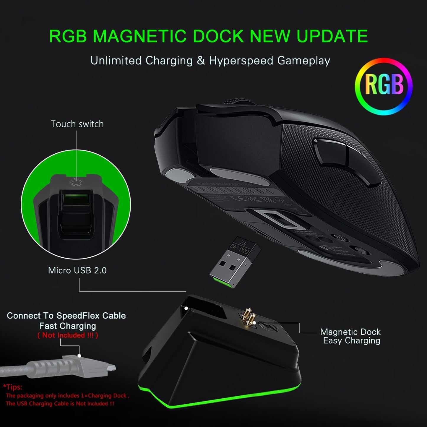 ODIER Mouse Charging Dock for Razer Viper Ultimate, Naga Pro, DeathAdder V2 Pro - RGB Lights, Magnetic Charging, Model GAME-YX-599