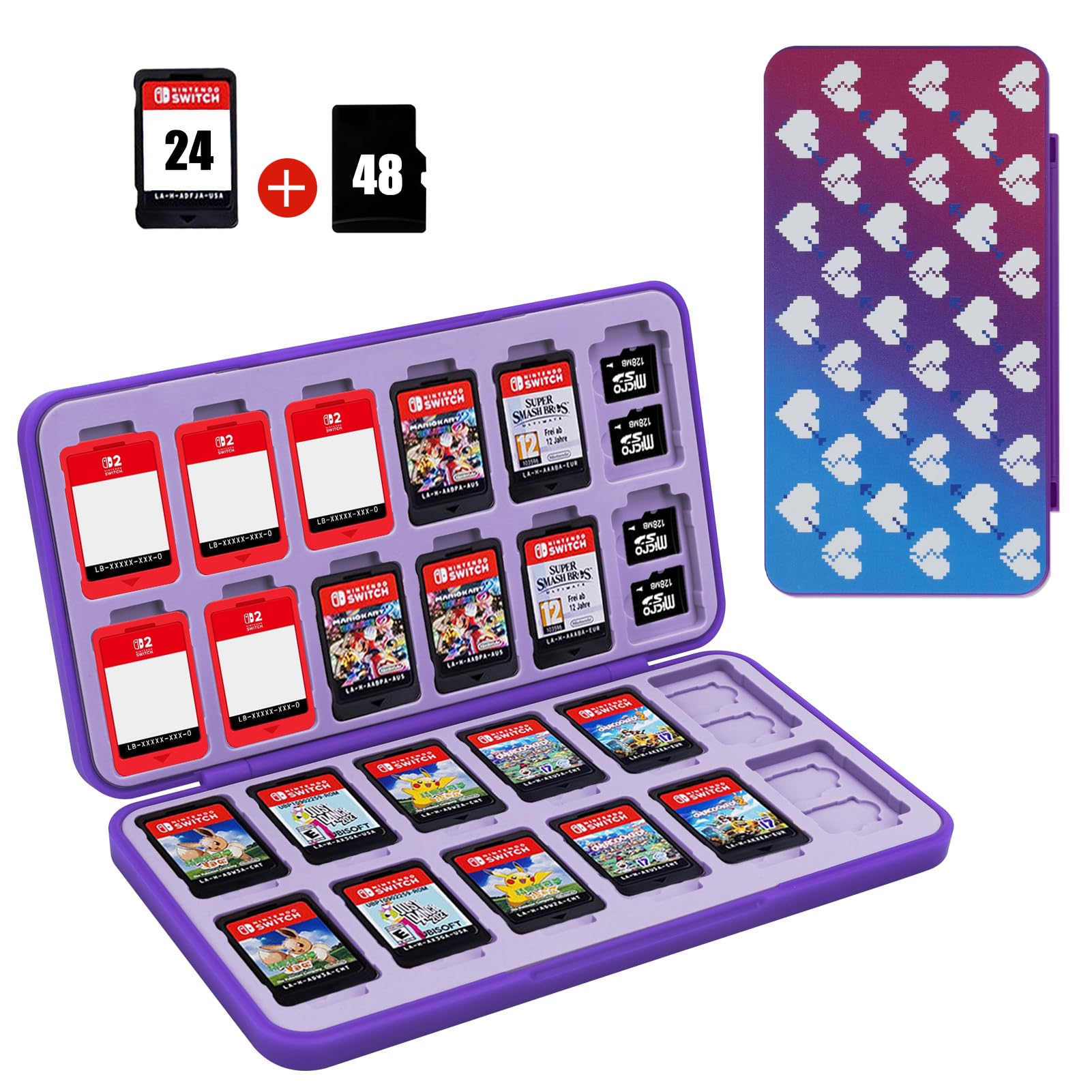 FYY Nintendo Switch Game Case Holder for Switch 2 Cartridge Case with 24 Game Card Slots & 48 Micro SD Card Slots  Hard Shell  Silicone Lining Heart Pattern Blue