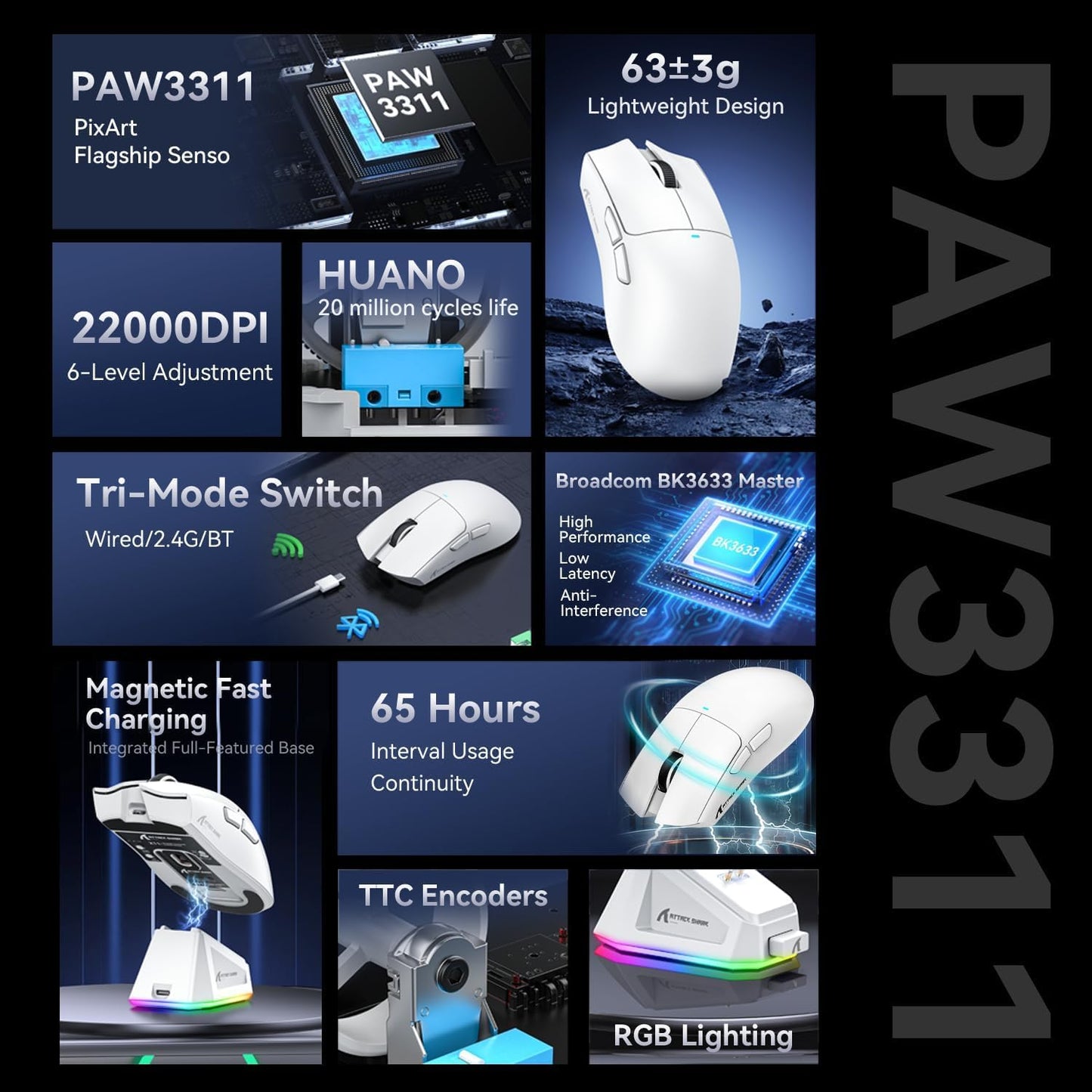 ATTACK SHARK X11 Ultra-Light Gaming Mouse with 22K DPI, 5 Buttons, Magnetic Charging Stand, White