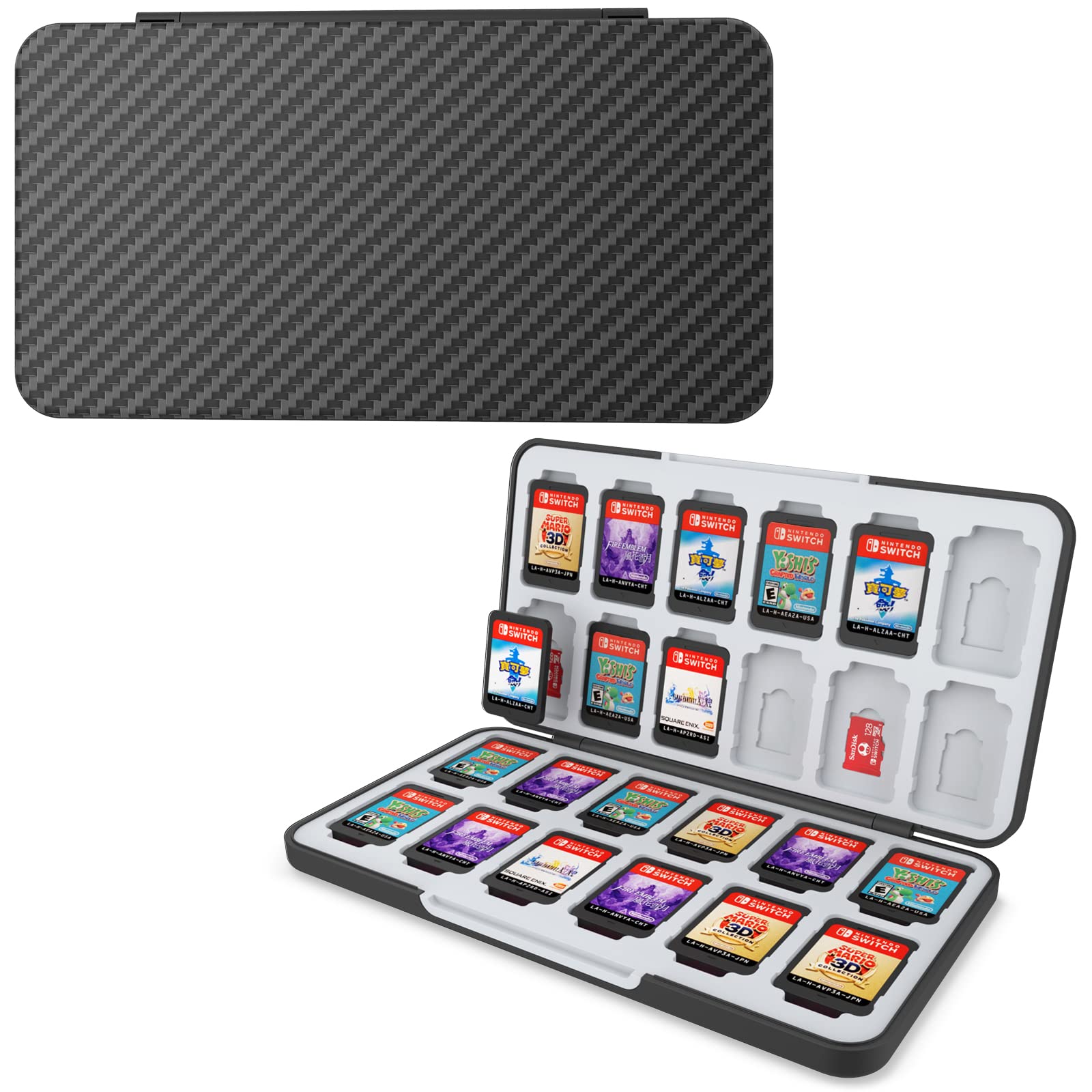 HEIYING Game Card Case for Switch&Switch OLED Game Card or Micro SD Cards Carbon Fibre Surface Processes Design Switch Game Card Case with 24 Game Card sections and 24 Micro SD Card sections.