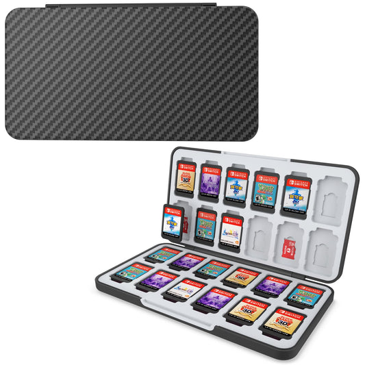 HEIYING Game Card Case for Switch&Switch OLED Game Card or Micro SD Cards Carbon Fibre Surface Processes Design Switch Game Card Case with 24 Game Card sections and 24 Micro SD Card sections.