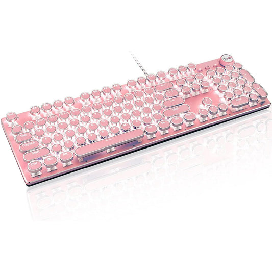 Typewriter Style Retro Wired Mechanical Gaming Keyboard  Vintage Steampunk with White LED Backlit  104-Key Anti-Ghosting Blue Switch Cute Keyboard  Round Keycaps Knob Control for PC/Win/Mac/Laptop