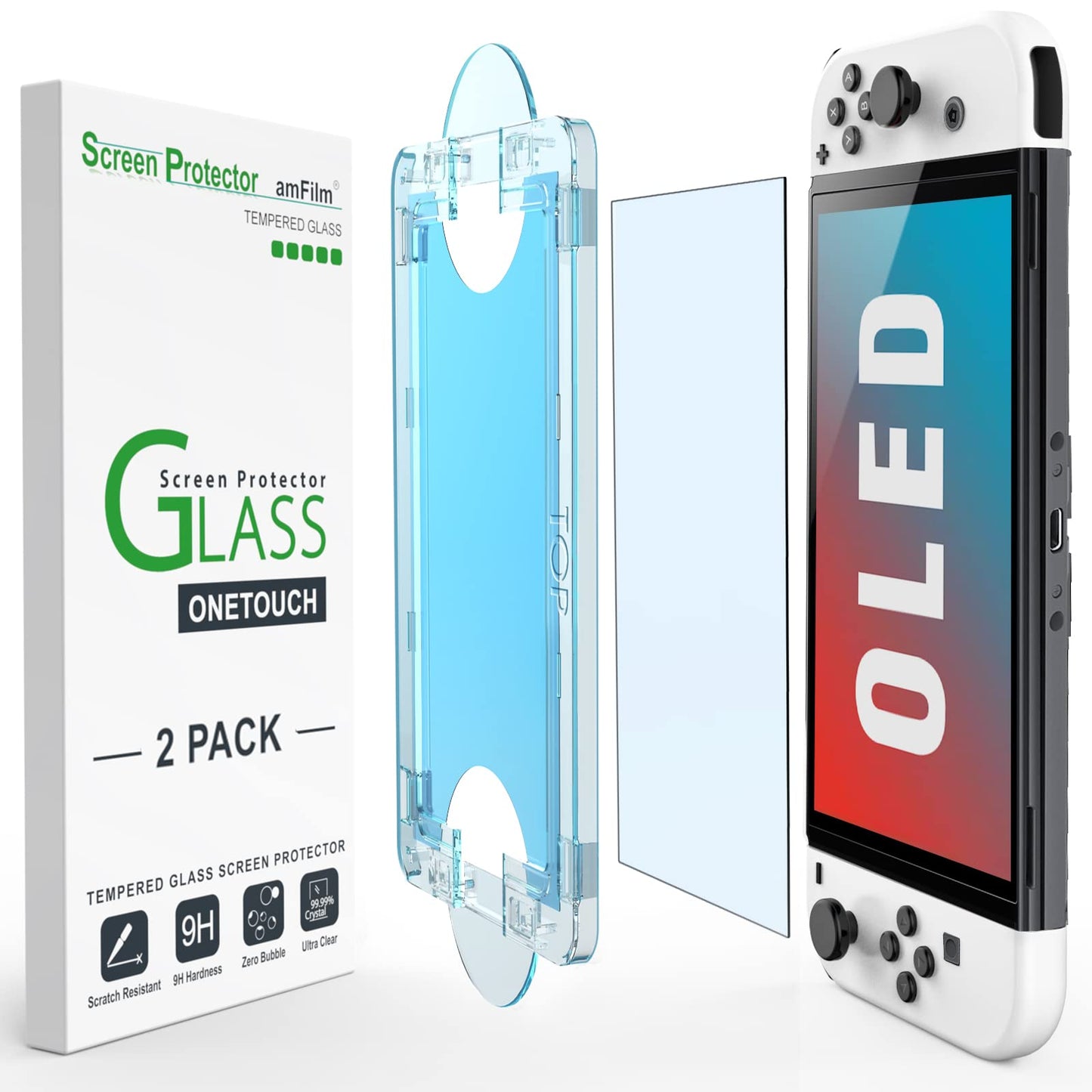 amFilm Tempered Glass Screen Protector for Nintendo Switch OLED (2021) - 2-Pack, Auto Alignment Kit, Bubble Free, Transparent