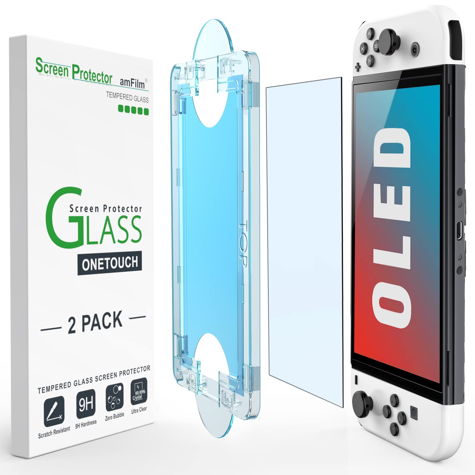 amFilm Tempered Glass Screen Protector for Nintendo Switch OLED (2021) - 2-Pack, Auto Alignment Kit, Bubble Free, Transparent