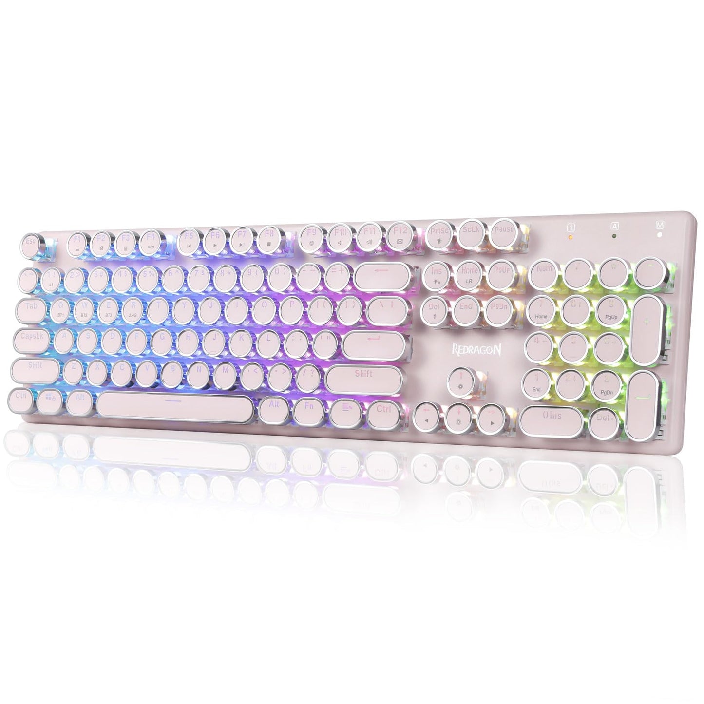Redragon K710 Wireless Typewriter Mechanical Gaming Keyboard  Bluetooth/2.4Ghz/Wired  RGB Led Backlit  Blue Switch - Clicky  Rechargeable  Solid Metal Panel  Round Keycaps  Pink