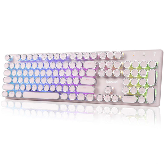 Redragon K710 Wireless Typewriter Mechanical Gaming Keyboard  Bluetooth/2.4Ghz/Wired  RGB Led Backlit  Blue Switch - Clicky  Rechargeable  Solid Metal Panel  Round Keycaps  Pink