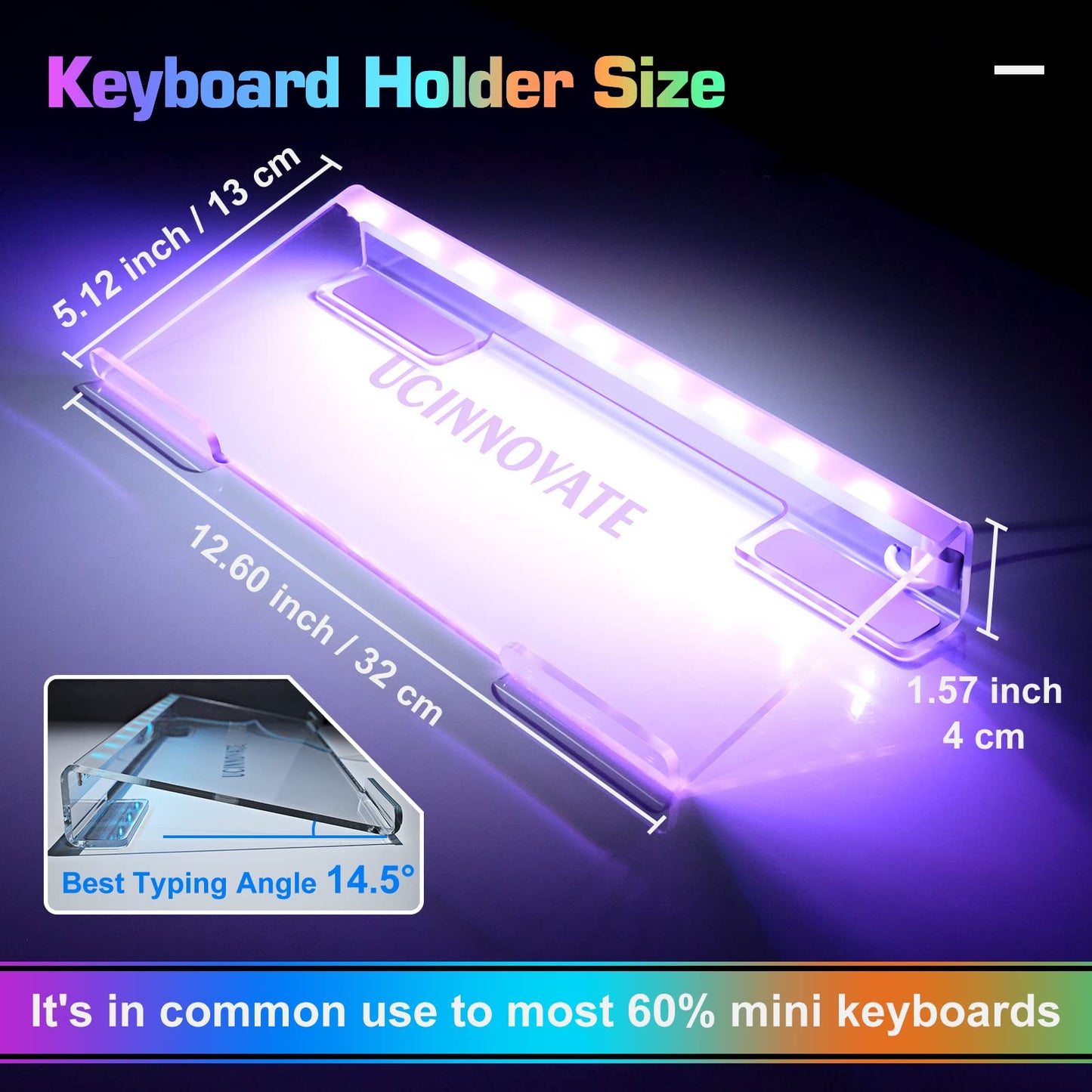 UCINNOVATE RGB Acrylic Keyboard Stand - Mini LED Backlit, 60% Size, Ergonomic Tilt for Home & Office Use