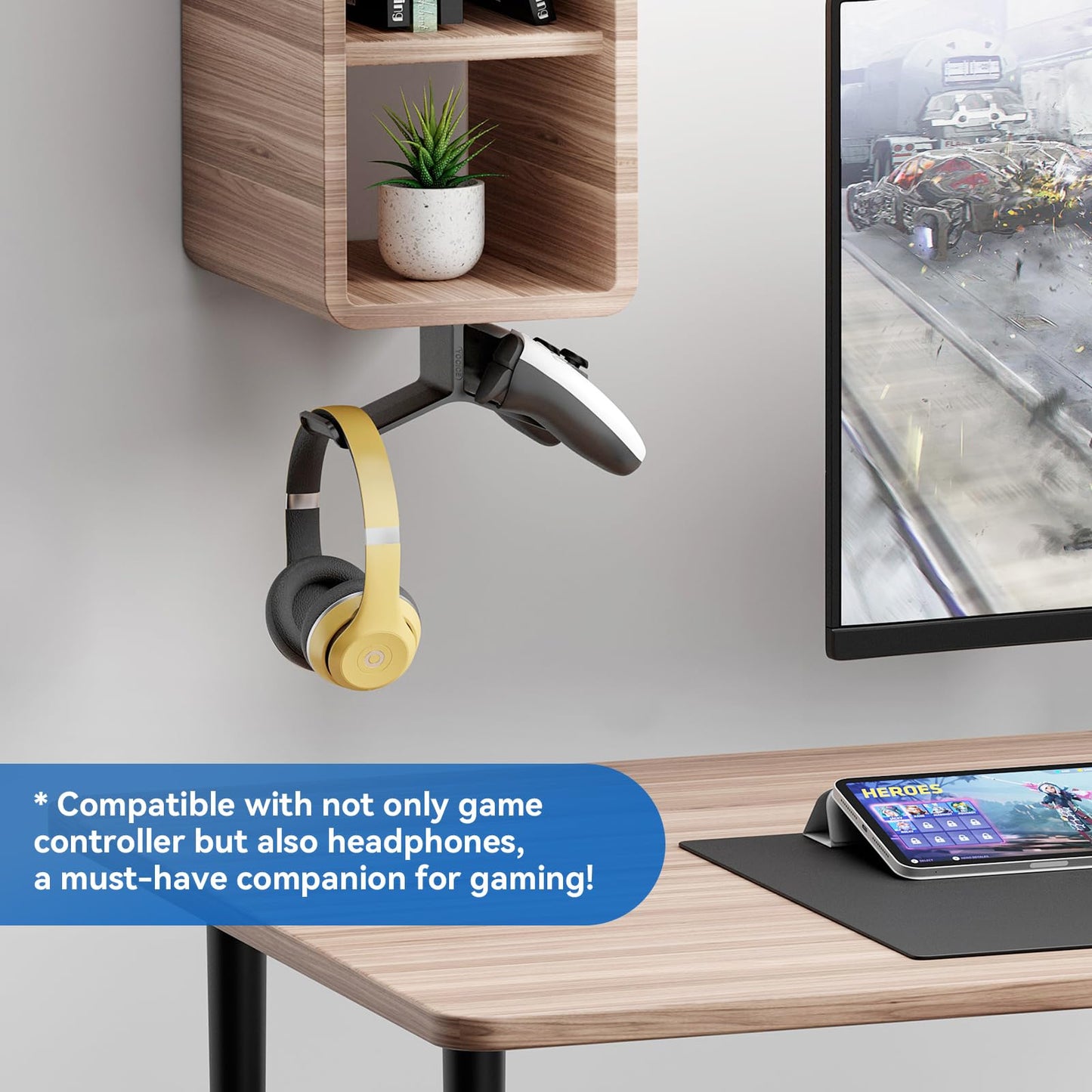 Yocice Controller Holder & Headphone Stand, Under Desk Design, Strong Double Sided Tape, Compatible with Xbox ONE, PS5, PS4, PC, Black