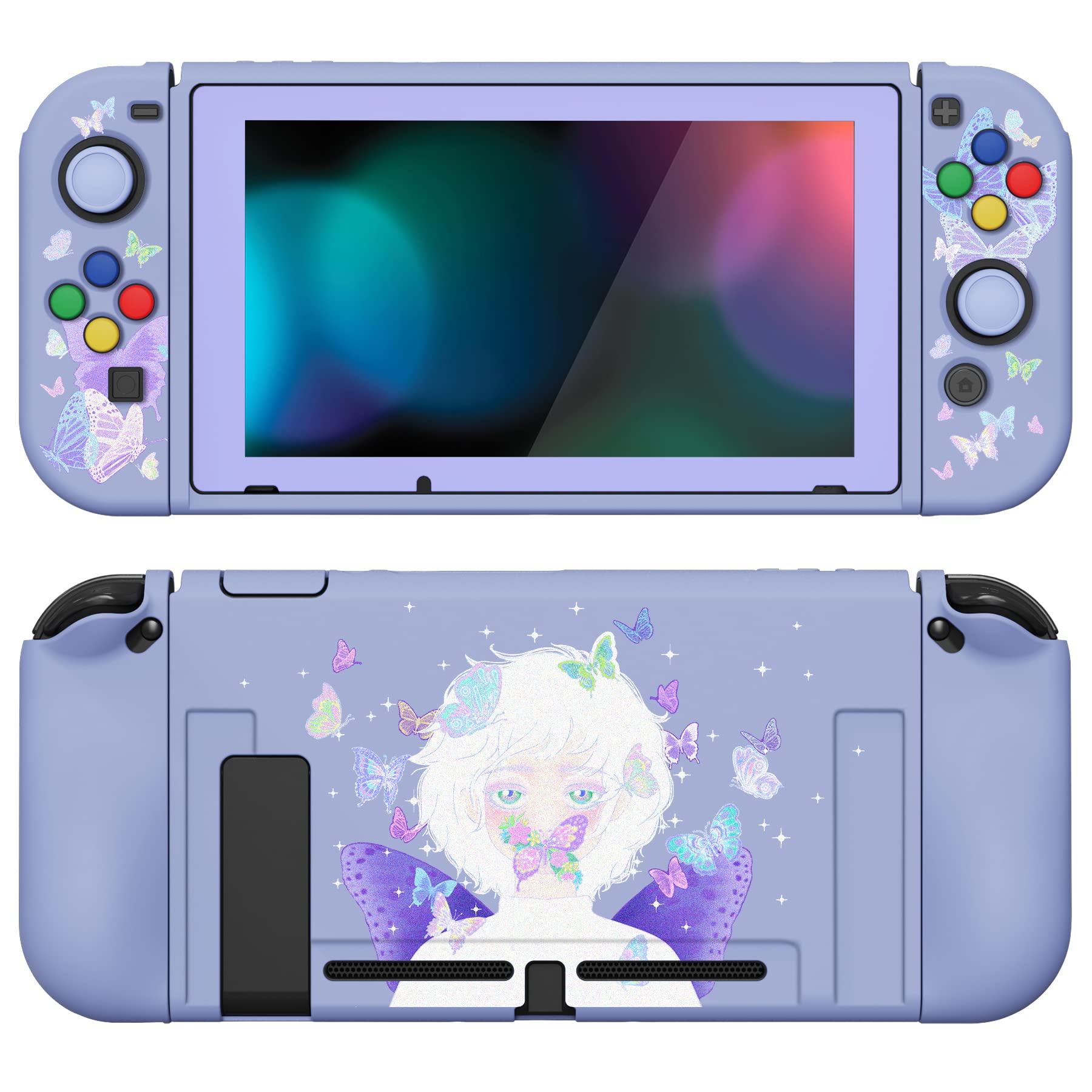 PlayVital ZealProtect Soft Protective Case for Nintendo Switch  Flexible Cover Protector for Switch with Screen Protector & Thumb Grip Caps & ABXY Direction Button Caps - Butterfly Fairy