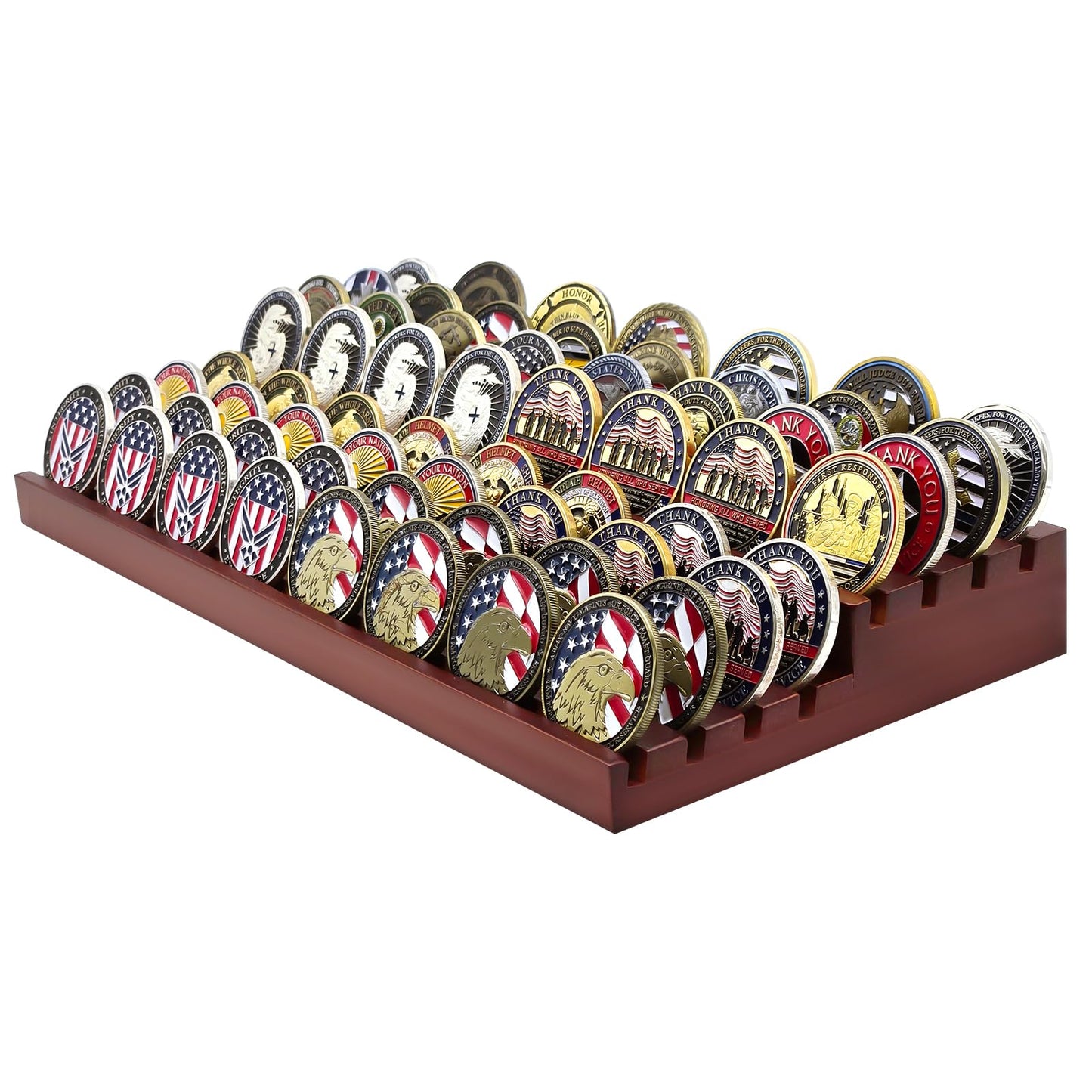 PiaoHao Solid Wood Two-Tier Challenge Coin Display Stand, Holds 50-64 Coins, Brown Wooden Army Collectible Holder