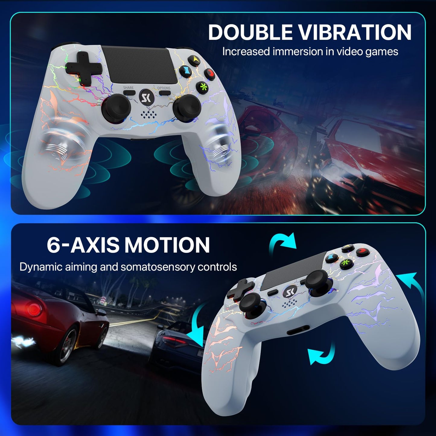 ISHAKO PS4 Controller - RGB Light, 1000mAh Battery, Double Vibration, 6-Axis Motion Control, 3.5mm Audio Jack - White