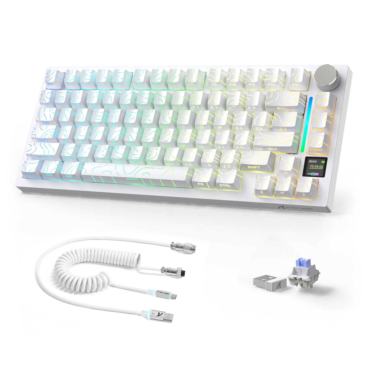 Attack Shark X820Ultra Wireless 75% Mechanical Gaming Keyboard with Screen & Knob Hot Swap 2.4GHz/BT/Wired RGB Backlit Gasket Mount Side Print PBT Keycap QMK Web Driver Shark Switch-White Contour