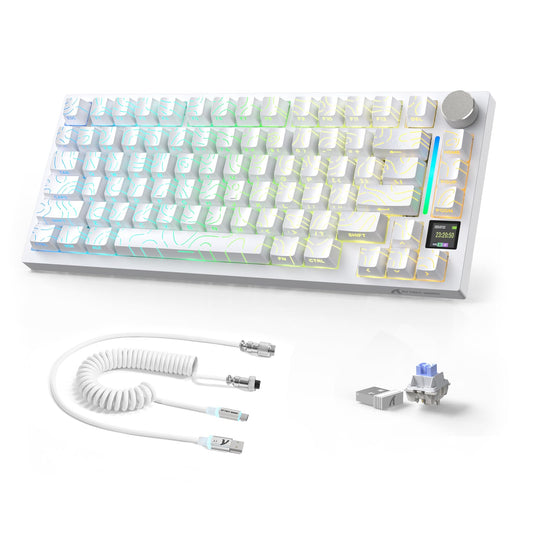 Attack Shark X820Ultra Wireless 75% Mechanical Gaming Keyboard with Screen & Knob Hot Swap 2.4GHz/BT/Wired RGB Backlit Gasket Mount Side Print PBT Keycap QMK Web Driver Shark Switch-White Contour