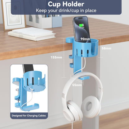 KDD 2 in 1 Headphone Hanger & Desk Cup Holder - Rotatable Under Desk Clamp - Blue - Model 790-FUTI