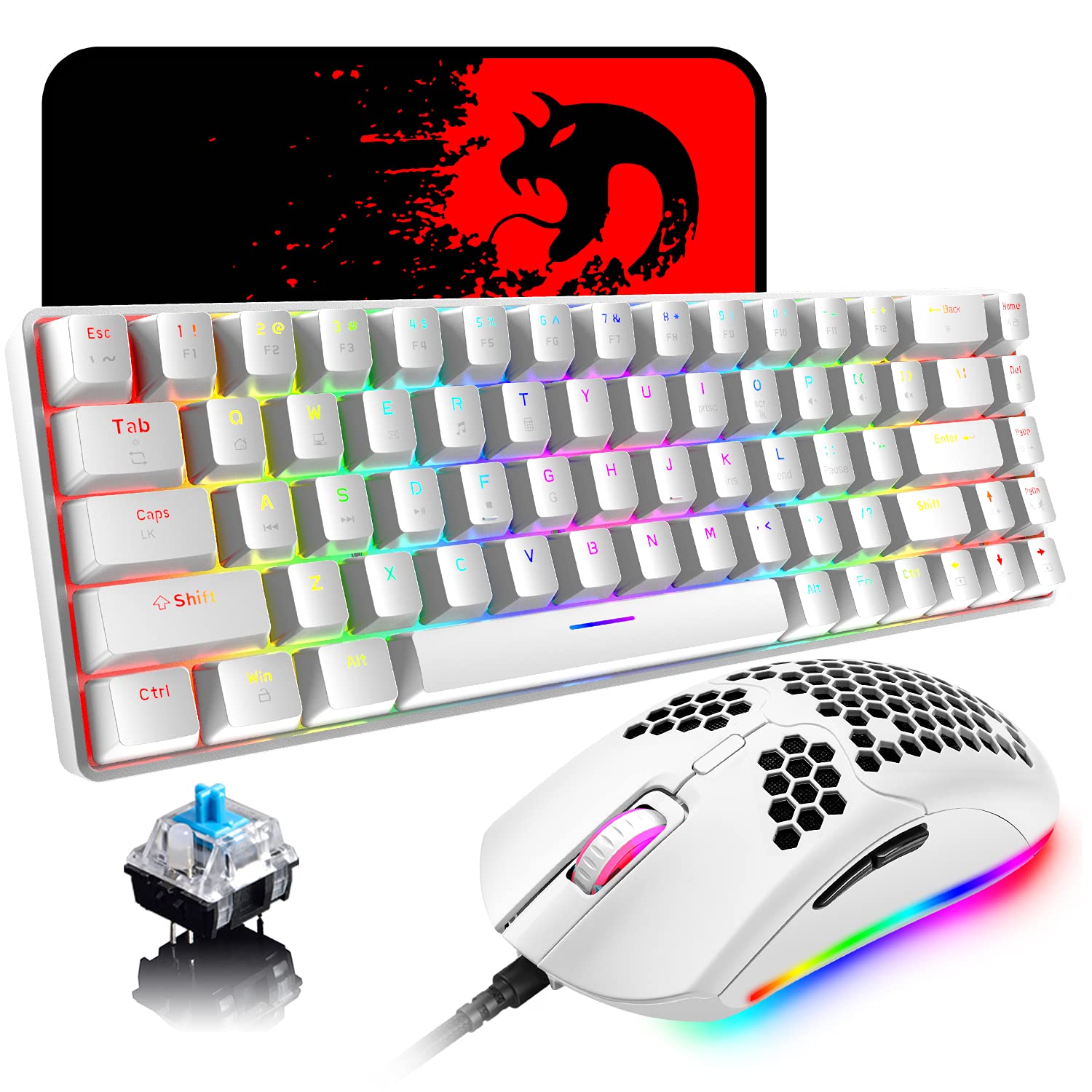 65% Wired Gaming Mechanical Keyboard and Mouse Combo  Mini 68 Keys  RGB Backlight  Lightweight RGB 6400DPI Honeycomb Optical Mouse Mouse Pad Compatible with PS4 Xbox PC Laptop MAC (White/Blue Switch)
