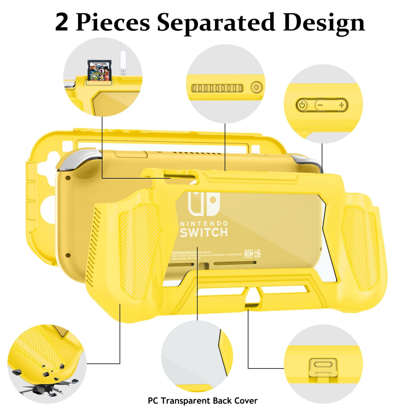 Kailfee Switch Lite Case - Yellow Protective Case with Hand Grip, TPU & PC Screen Protector, Includes 2 Thumb Grip Caps