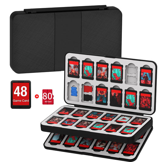 QuoLumPIA 48 Game Card Case Compatible for Nintendo Switch 2/OLED/Switch/Switch Lite  storage 48 Game Cards & 80 Micro SD cards  Black  hard shell  magnetic closure  soft silicone linning