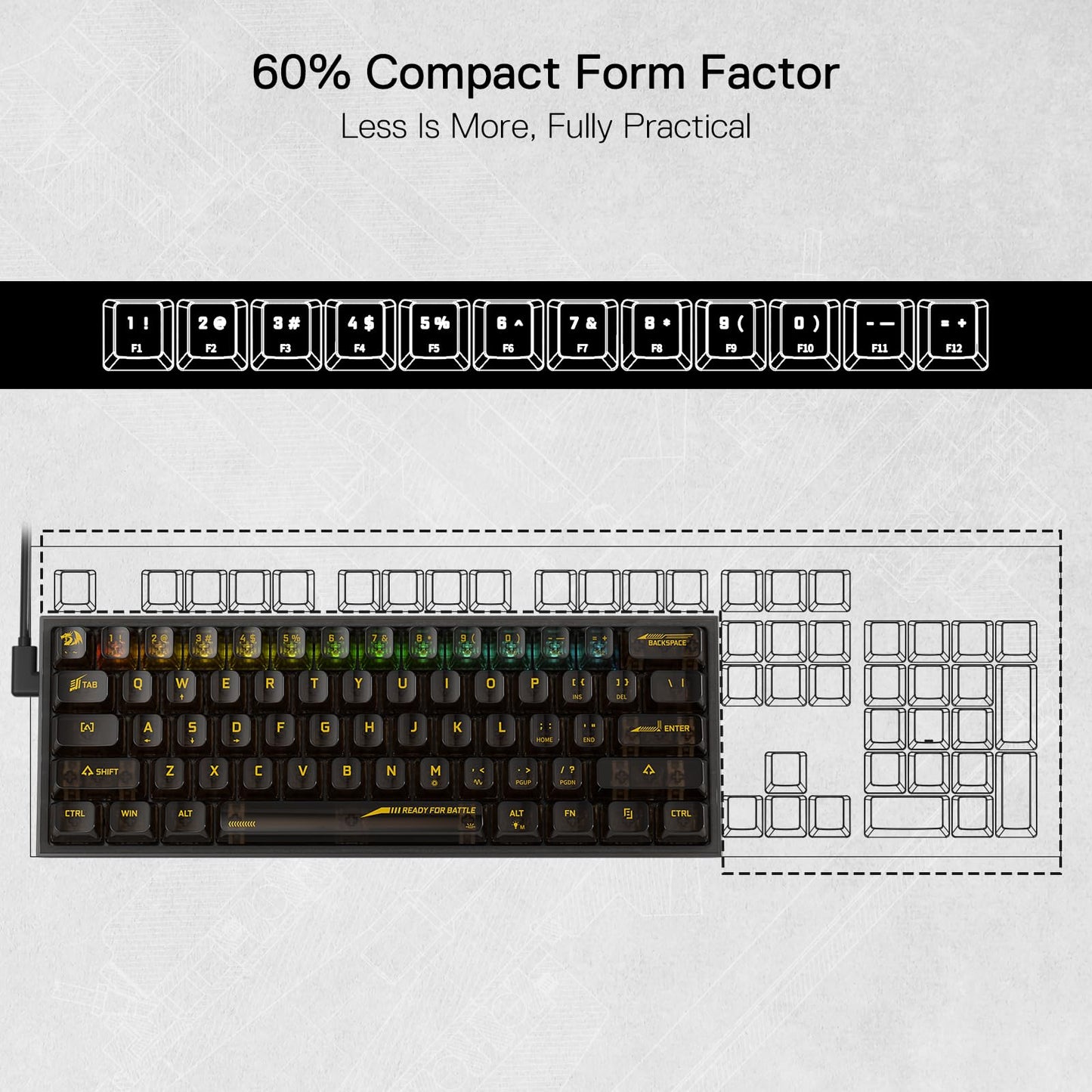 Redragon K617 SE 60% Wired RGB Gaming Keyboard, 61 Keys, Transparent Plastic, Black Transparent, Custom Linear Switch