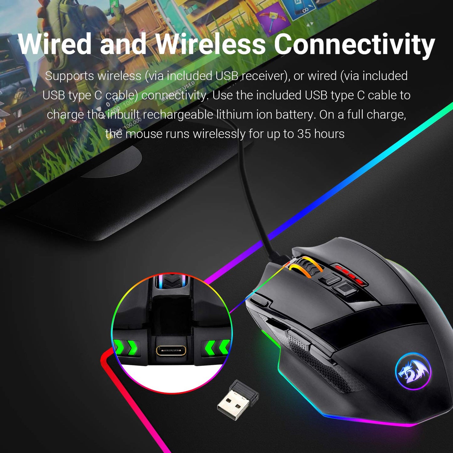 Redragon M801 Wireless Gaming Mouse - RGB, 16000 DPI, 9 Programmable Buttons, Black